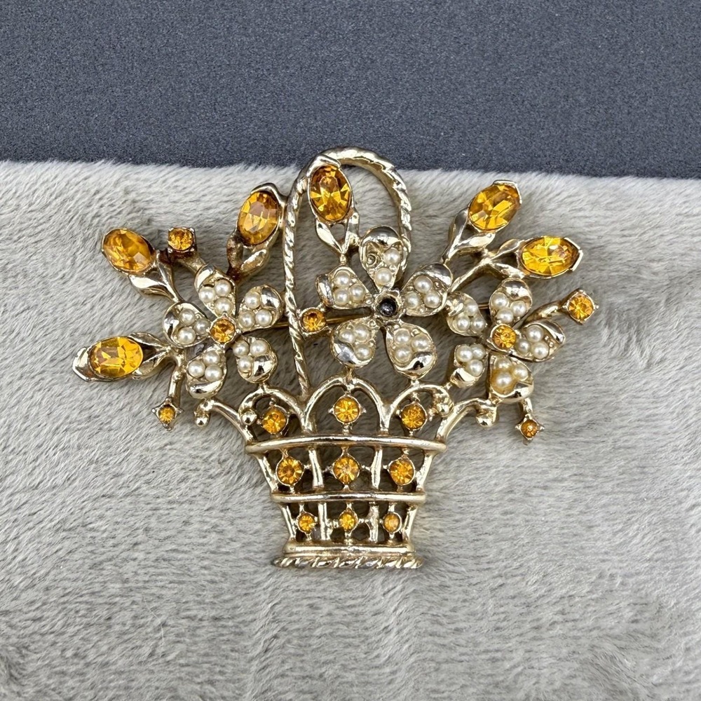 Vintage Estate Brooch Flower Basket Orange Rhinestone Faux Pearl Gold Tone READ
